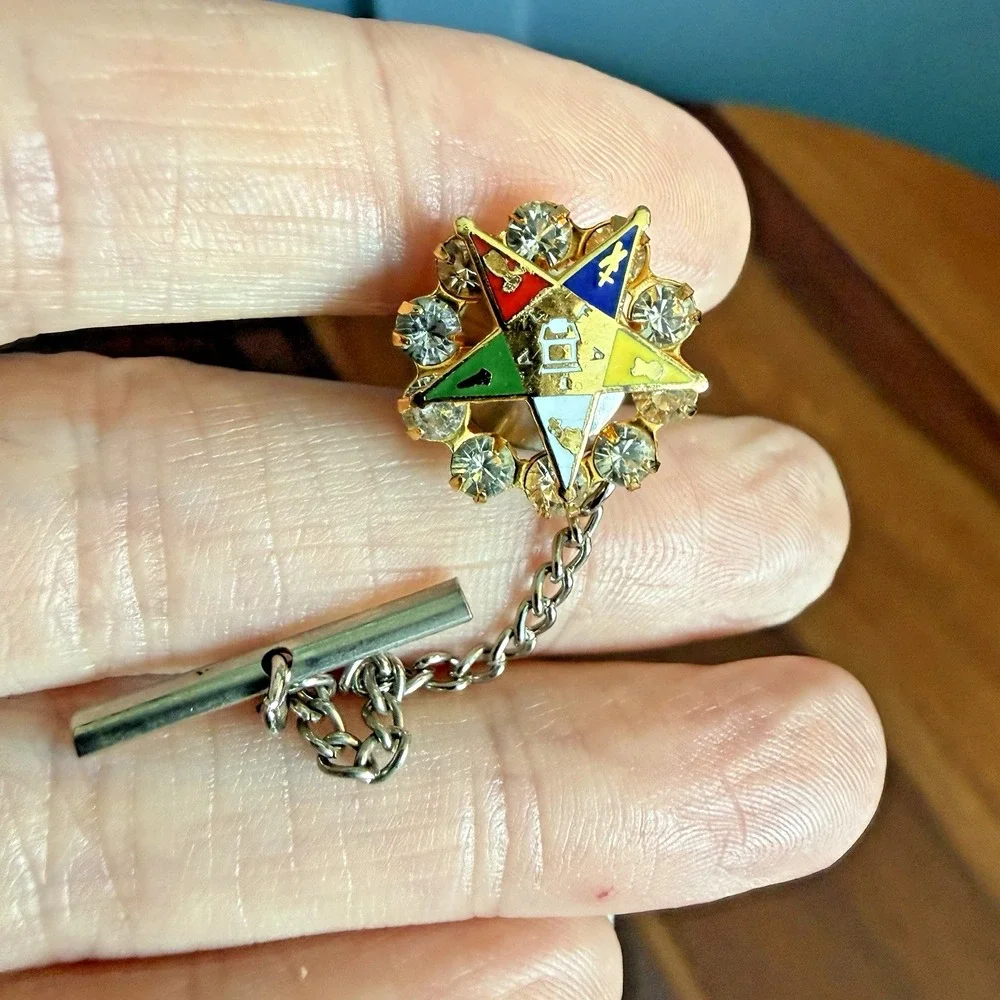 Vintage Order Eastern Star OES Tie Tack Pin Rhinestone Enamel Masonic Fraternal